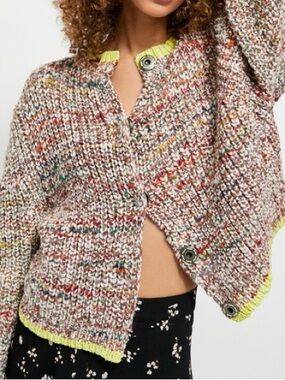 Free People Women's Walk On By Wool Contrast Trim Cardigan Top Natural $158 MSRP
